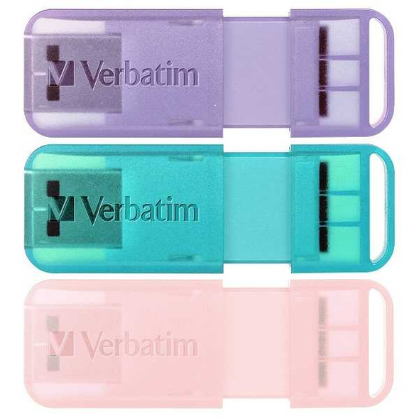 Verbatim Pop-Up USB 2.0 32GB Triple Pack in Assorted Pastel Colours 66760 view of the coloured drives themselves