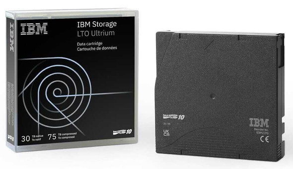 IBM LTO 10 Ultrium 30TB/75TB Data Cartridge 03PL170 view of case & packaging on the left & the tape cartridge on the right