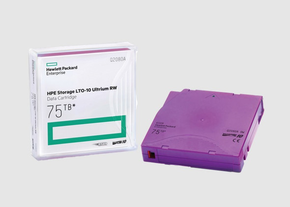 HPE LTO-10 Ultrium 30TB/75TB RW Data Cartridge Q2080A view of cartridge case in packing & cartridge outside the case on the right
