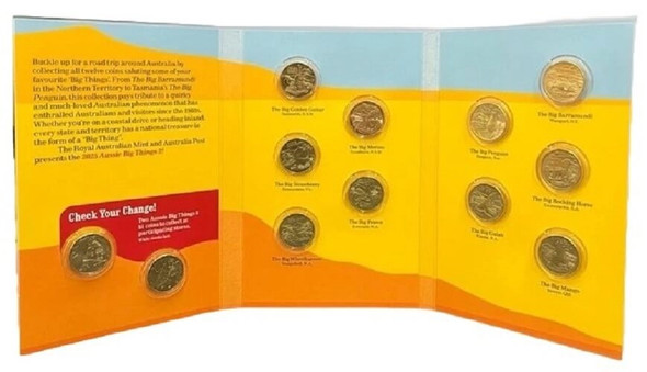 The Aussie Big Things 2 completed open folder with all 12 uncirculated $1 coins shwing their reverse images
