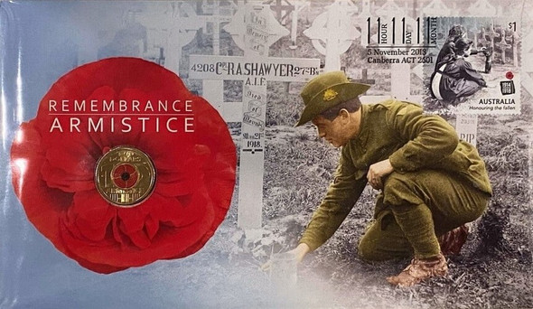 2018 Red Poppy $2 Remembrance Day Centenary of Armistice 'C' Mintmarked Uncirculated Coin & Stamp PNC front view