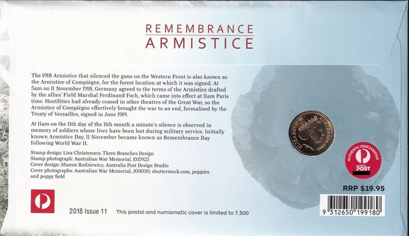 2018 Red Poppy $2 Remembrance Day Centenary of Armistice 'C' Mintmarked Uncirculated Coin & Stamp PNC back view