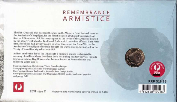 RAM 2018 Remembering Armistice Postal Numismatic Cover PNC