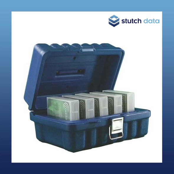 Turtle LTO Classic Blue 5 Tape Capacity Case 01-672733 view of the open case to the left side and front