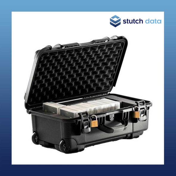 Turtle Waterproof Wheeled LTO Tape 28 Capacity Case 07-735002 open case front view with case angled right