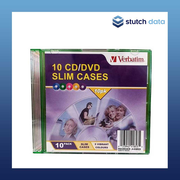 Verbatim CD, DVD & BluRay Slim Jewel Cases in 5 colours 10-Pack 41853 front view in packaging