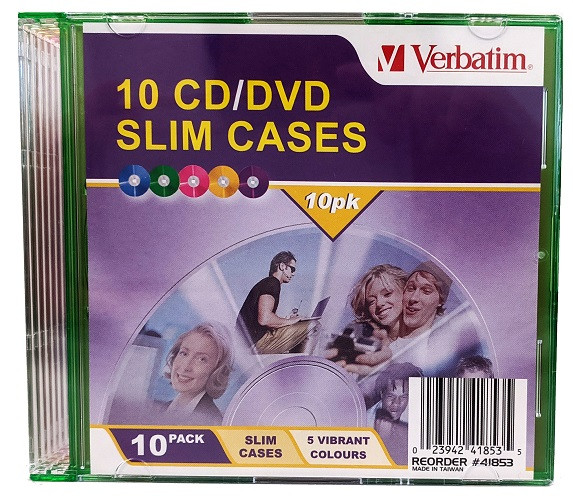 Verbatim CD, DVD & BluRay Slim Jewel Cases in 5 colours 10-Pack 41853 front view in packaging