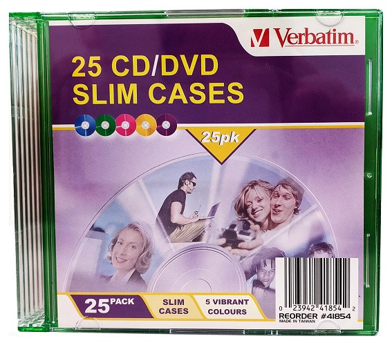 Verbatim CD, DVD & BluRay 5 Colour Slim Jewel Cases 25 Pack 41854 front view with packaging