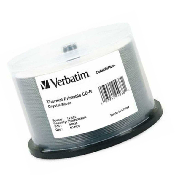 Verbatim CD-R Azo 50 Disc Spindle Crystal Thermal Printable 94938 front view in packaging angled to the left