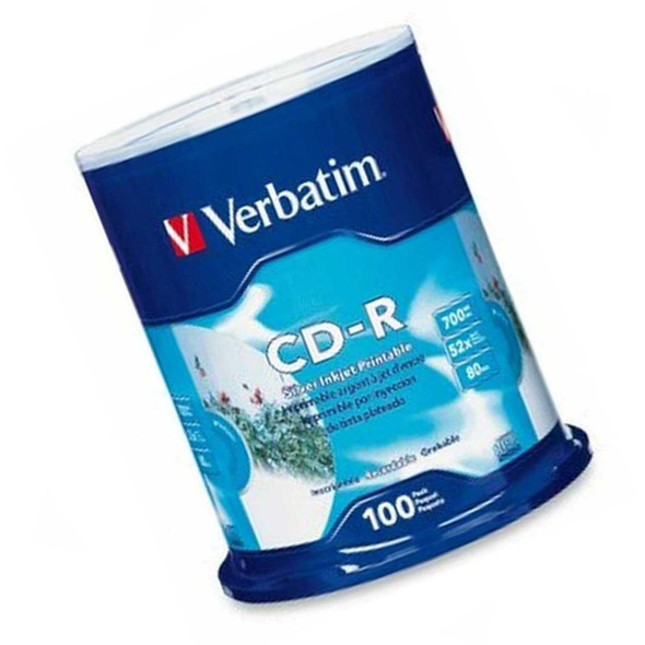 Verbatim CD-R 100 disc spindle silver inkjet printable 95144 front view angled to the left