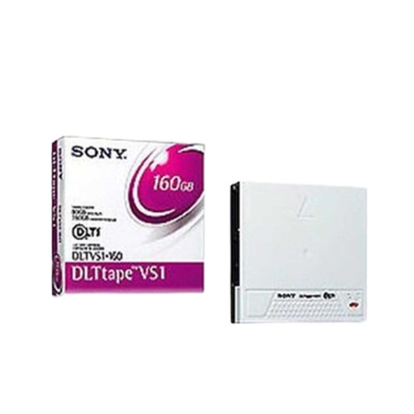Sony DLTtape VS1 Data Cartridge DLTVS1-160 front view of the tape case & the packaging on the left & the cartridge on the right