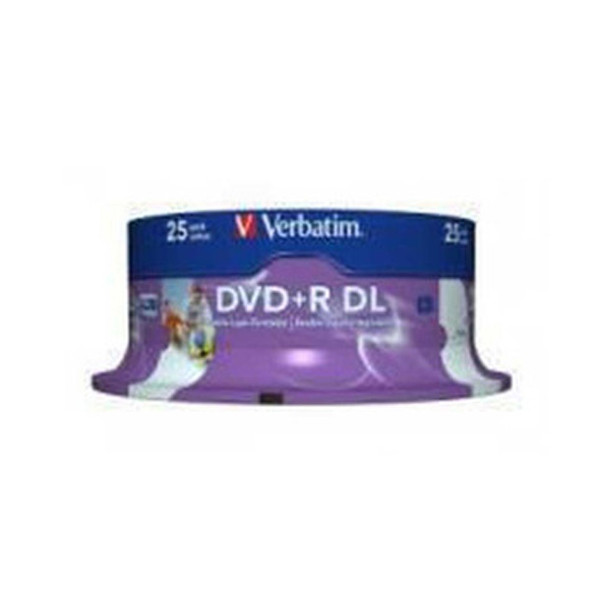 Verbatim DVD+R DL 25 Disc Spindle White Wide Inkjet Printable 43667 front view of spindle