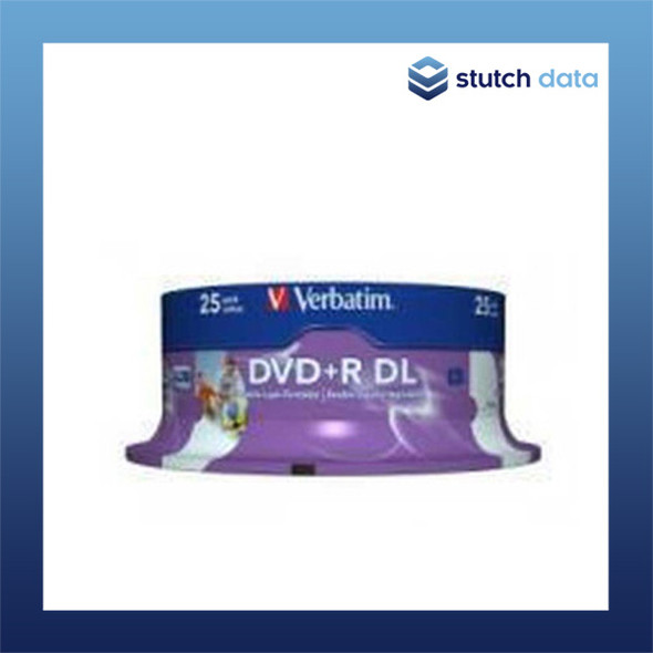 Verbatim DVD+R DL 25 Disc Spindle White Wide Inkjet Printable 43667 front view of spindle