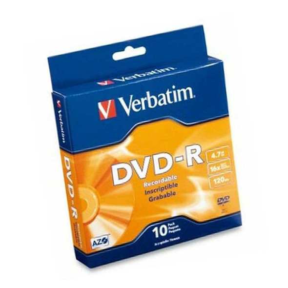 Verbatim DVD-R 10 Disc Spindle 95100 front view in packaging angled to the left