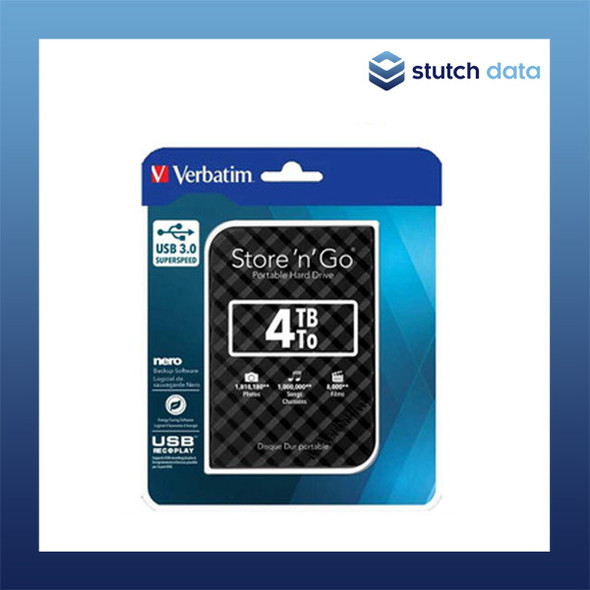Verbatim 2.5" USB 3.0 Store'n'Go 4TB HDD 15mm Black Grid Design 53223 front view of the hard disk drive in packaging