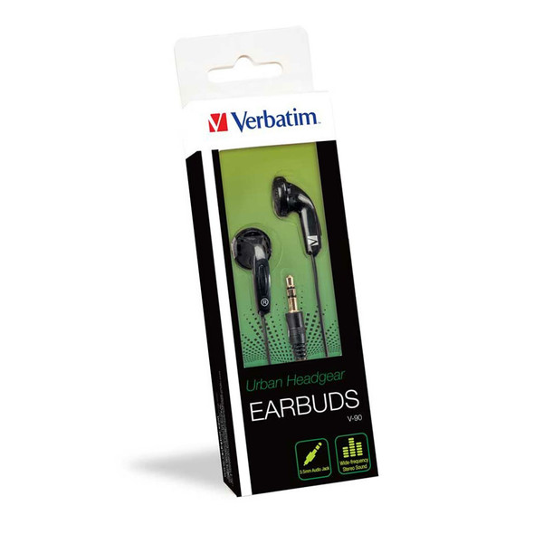 Verbatim Black Earbud Headphone with cable in black 65062 view in packaging