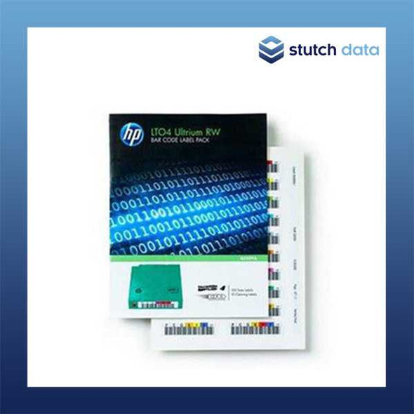 HPE/HP LTO4 Ultrium RW Barcode Label Pack Q2009A view of packaging & part of a tape barcode label sheet