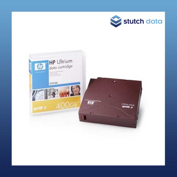 HP LTO-2 Ultrium RW 200GB/400GB Data Cartridge C7972A view of the case & packaging on the left & the tape cartridge on the right