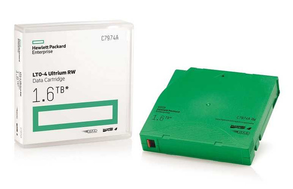HPE/HP LTO-4 Ultrium RW 800GB/1.6TB Data Cartridge C7974A view of the case & packaging on the left & the tape cartridge on the right