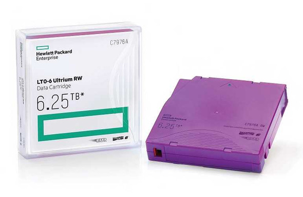 HPE LTO-6 Ultrium RW MP 2.5TB/6.25TB Data Cartridge C7976A view of the case & packaging on the left & the tape cartridge on the right