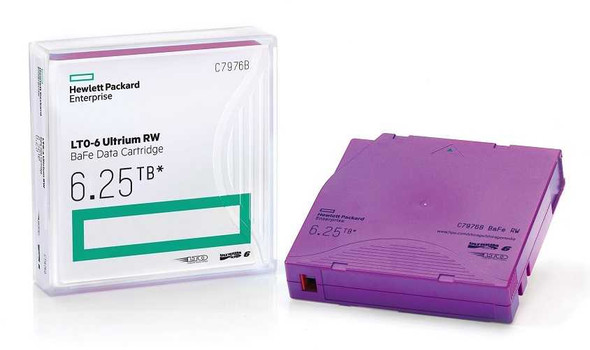 HPE LTO6 Ultrium 6.25TB RW BaFe Data Cartridge C7976B front view of a tape in case with packaging & a tape cartridge
