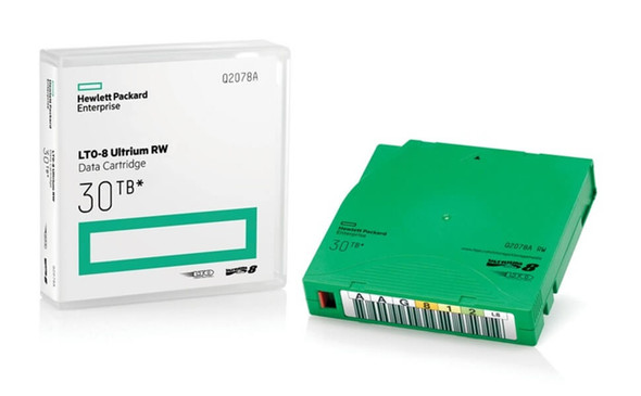 HPE LTO-8 Ultrium RW Data Cartridge Q2078A view of the case & packaging on the left & the tape cartridge on the right