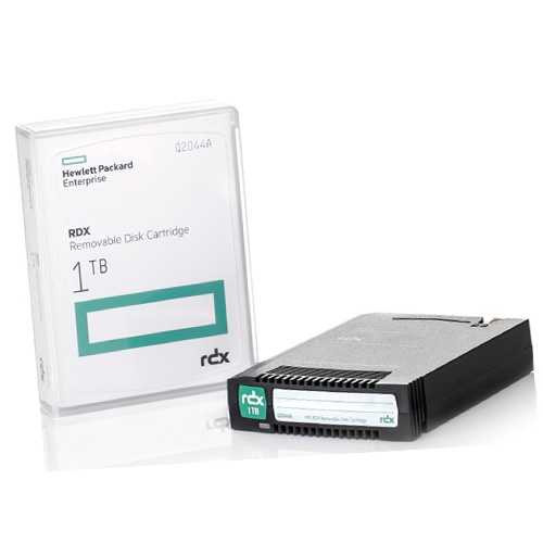 HPE RDX 1TB Removable Disk Cartridge Q2044A view of case & packaging on the left & the cartridge on the right