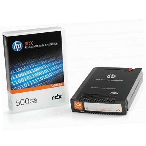 HPE RDX 500GB Removable Disk Cartridge Q2042A view of the case & packaging on the left and the RDX cartridge on the right
