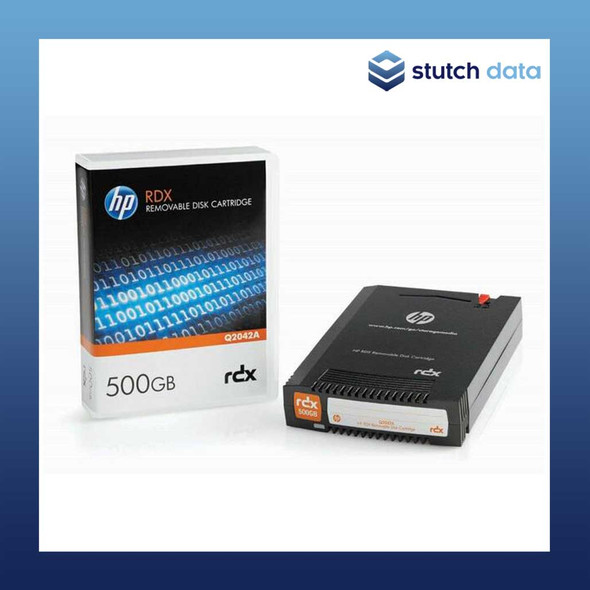 HPE RDX 500GB Removable Disk Cartridge Q2042A view of the case & packaging on the left and the RDX cartridge on the right