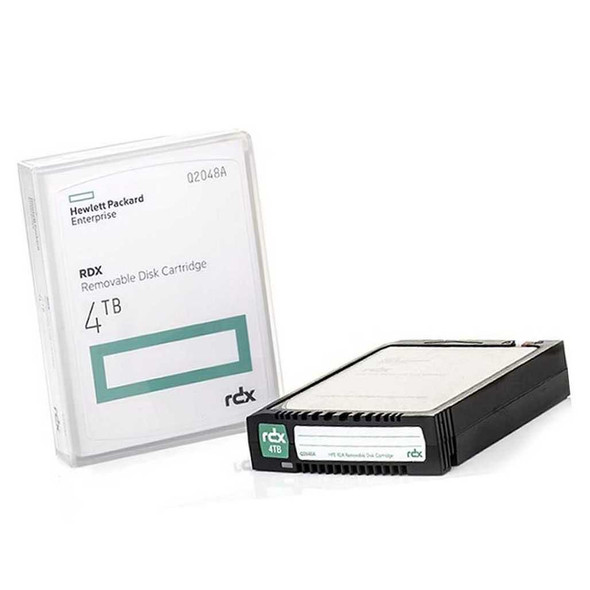 HPE RDX 4TB Removable Disk Cartridge Q2048A view of case & packaging on the left and the RDX cartridge on the right