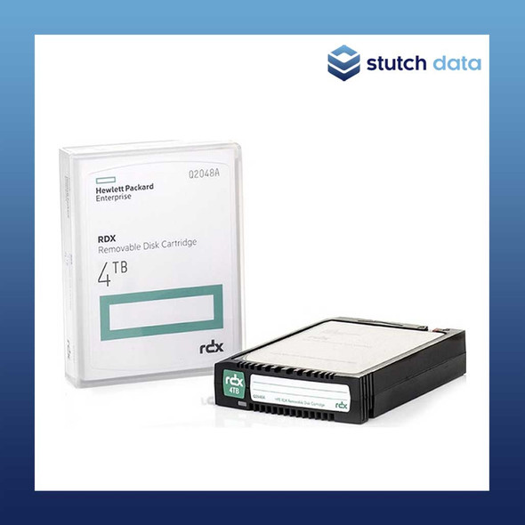 HPE RDX 4TB Removable Disk Cartridge Q2048A view of case & packaging on the left and the RDX cartridge on the right