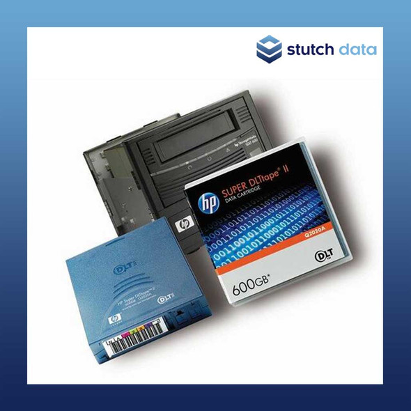 HP SDLT II/SDLT2 Data Cartridges Q2020A front view of the cartridge on the left and the tape case & the packaging on the right