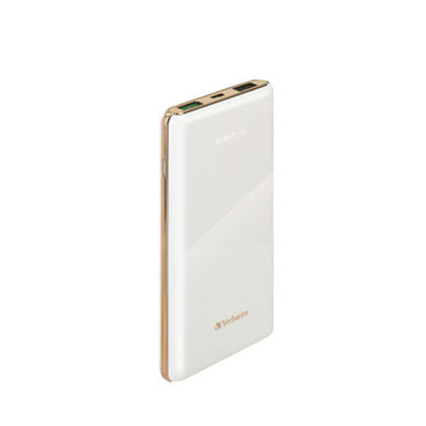 Verbatim Dual Output 5A/3A QC3.0 Power Pack 10,000mAh in White 65534 view from above and the front with the powerbank angled right