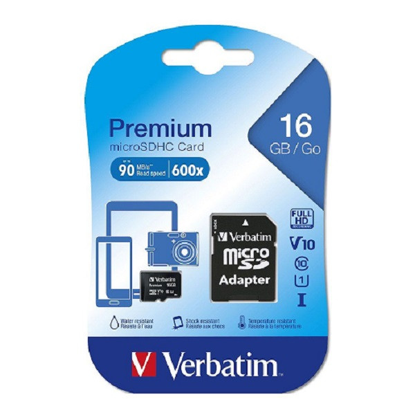 Verbatim Micro SDHC 16GB (Class 10) with Adaptor 44082 front view in packaging