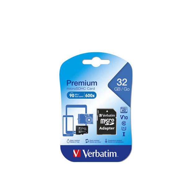 Verbatim Micro SDHC 32GB (Class 10) w/ Adapter 44083 front view in packaging