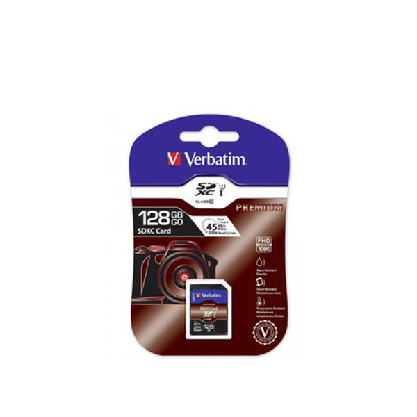 Verbatim SDXC 128GB Card Class 10 UHS-1 44025 front view in packaging