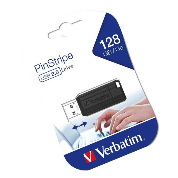 Verbatim Store'n'Go Pinstripe USB 2.0 Drive 128GB in Black 49071 front angled view of drive in packaging