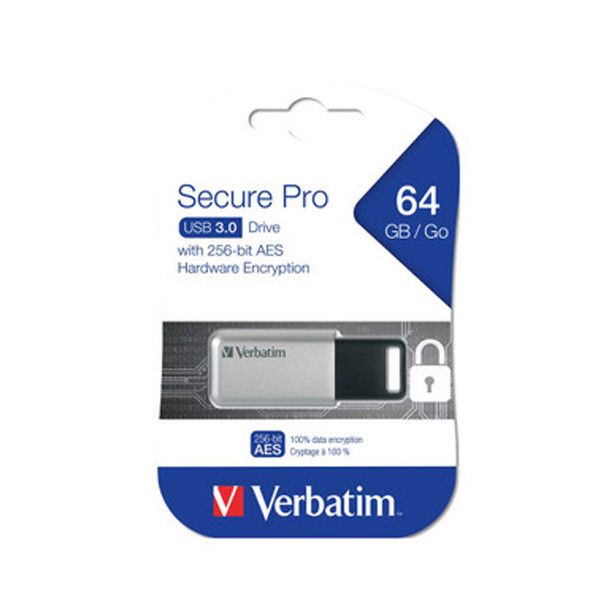 Verbatim Store'n'Go Secure Pro USB 3.0 Drive 64GB 98666 front view in packaging