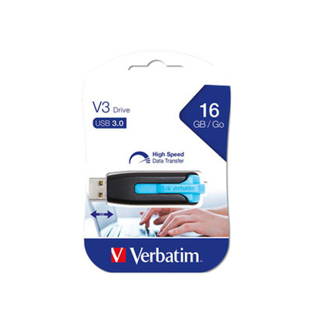 Verbatim Store’n’Go V3 USB 3.0 Drive 16GB in Caribbean Blue 49176 front view in packaging Verbatim Store’n’Go V3 USB 3.0 Drive 16GB in Caribbean Blue 49176 front view in packaging