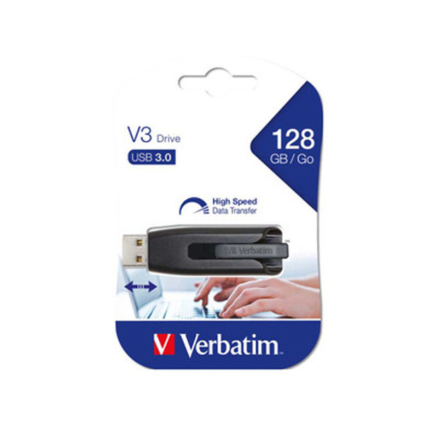 Verbatim Store’n’Go V3 USB 3.0 Drive 128GB in Grey 49189 front view of drive in packaging