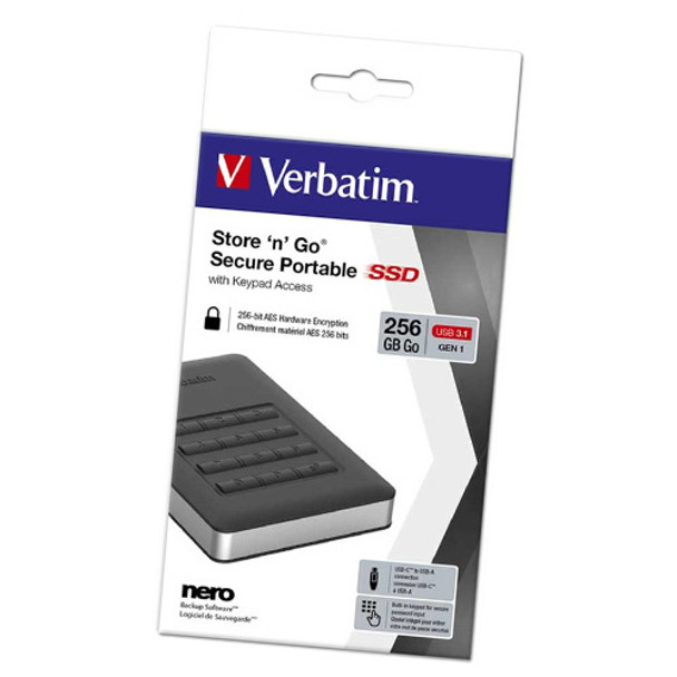 Image of Verbatim USB 3.1 Store'n'Go Secure SSD w/Keypad Access 256GB - Black 53402 in product box