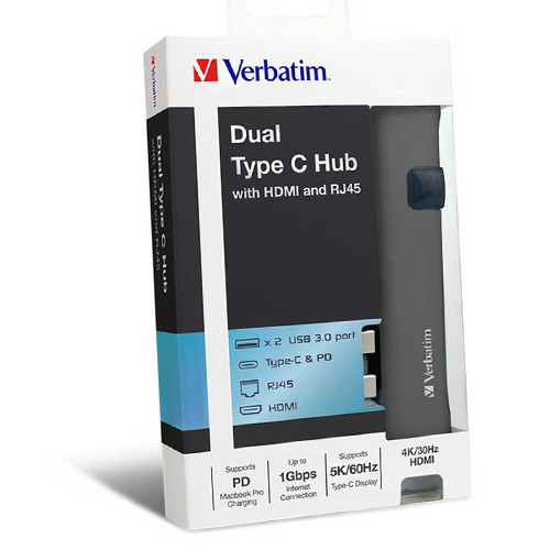 Verbatim Type C Dual Hub with HDMI, RJ45, 2x USB3.0 - Silver 65802 in product box