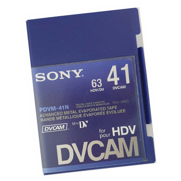 Image of a Sony HDV DV AME 63min DVCAM 41min mini DV PDVM-41N in case front angled view