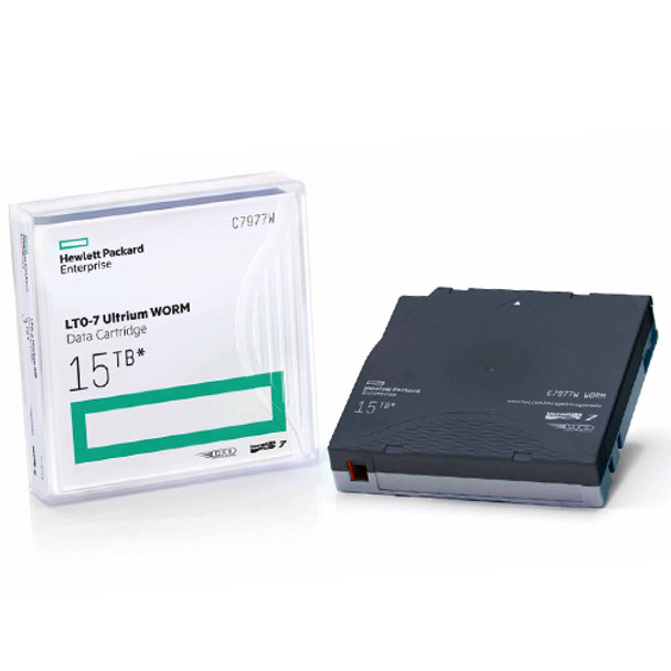 Image of a HPE LTO-7 Ultrium WORM Data Cartridge C7977W with case and the cartridge out of the case