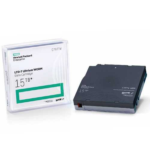 HPE LTO-7 Ultrium WORM Data Cartridge C7977W view of the case & packaging on the left & the cartridge on the right