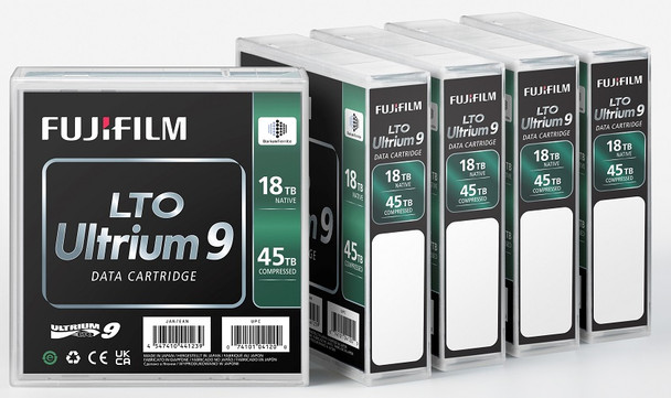 Image of a Fujifilm LTO9 Ultrium 18TB/45TB Data Cartridge 71045 front and side view in case