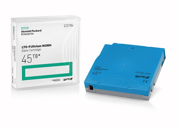 Image of a HPE LTO-9 Ultrium WORM Data Cartridge Q2079W in case and out of case