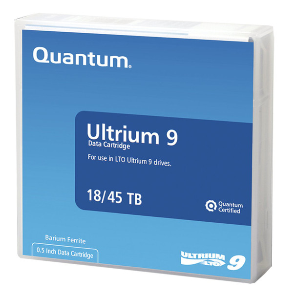 Image of a Quantum LTO9 Ultrium 9 Data Cartridge MR-L9MQN-01 angled front view