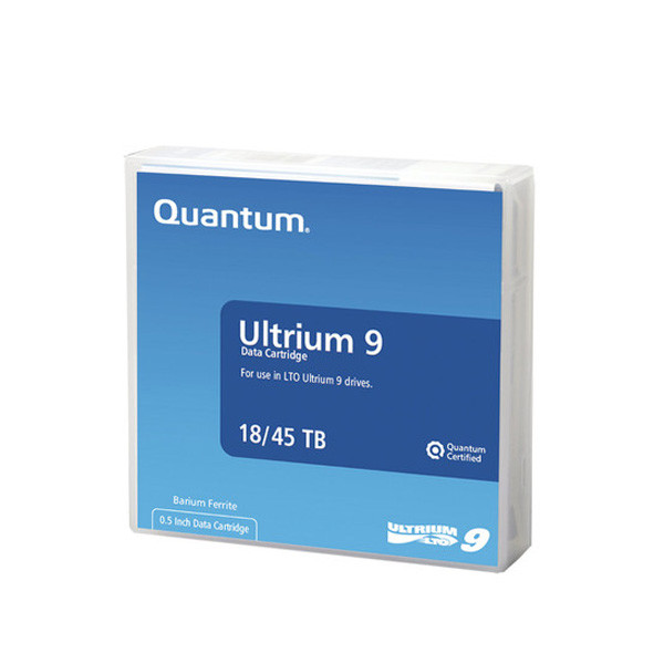 Quantum LTO9 Ultrium 9 Data Cartridge MR-L9MQN-01 angled front view of the cartridge in its case