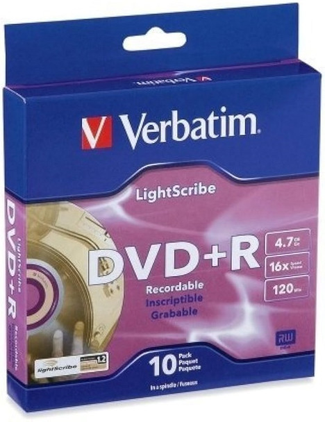 Verbatim DVD+R 4.7GB/120min 10 Disc LightScribe Spindle 95116 in packaging angled view